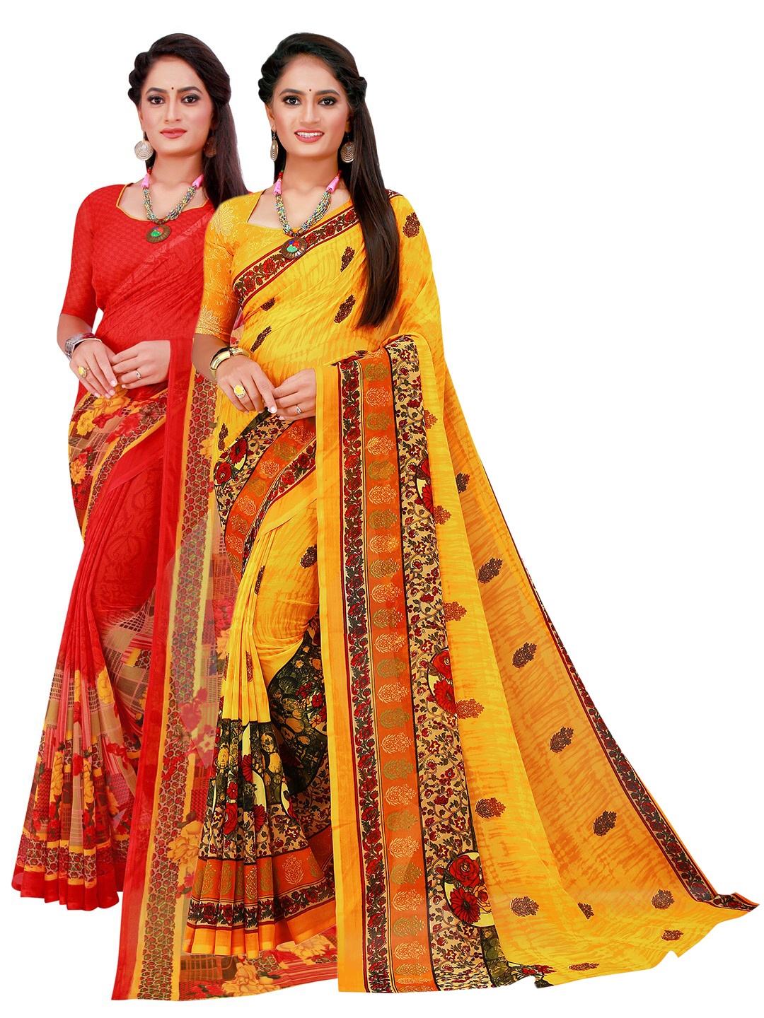

Florence Red & Yellow Set of 2 Printed Pure Georgette Saree