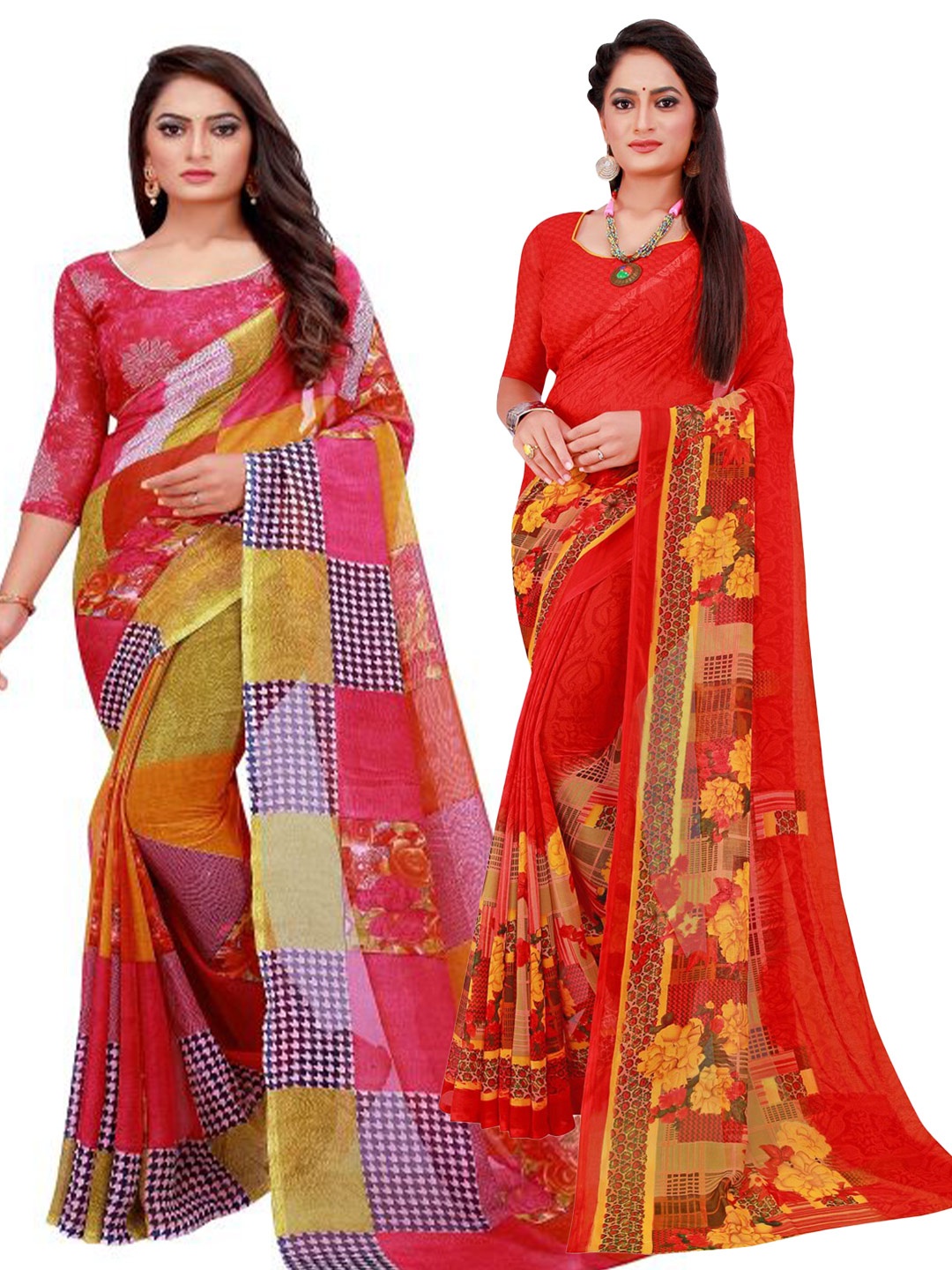 

Florence Red & Pink Set of 2 Printed Pure Georgette Saree