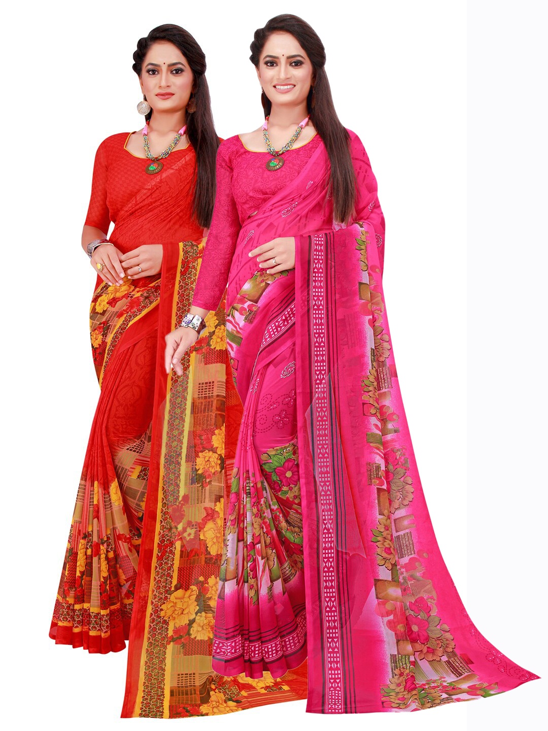 Florence Red & Pink Set Of 2 Pure Georgette Saree