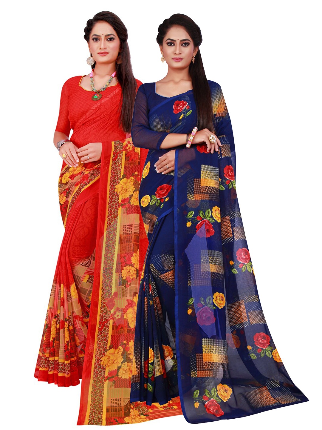 

Florence Pack Of 2 Red & Blue Printed Pure Georgette Sarees