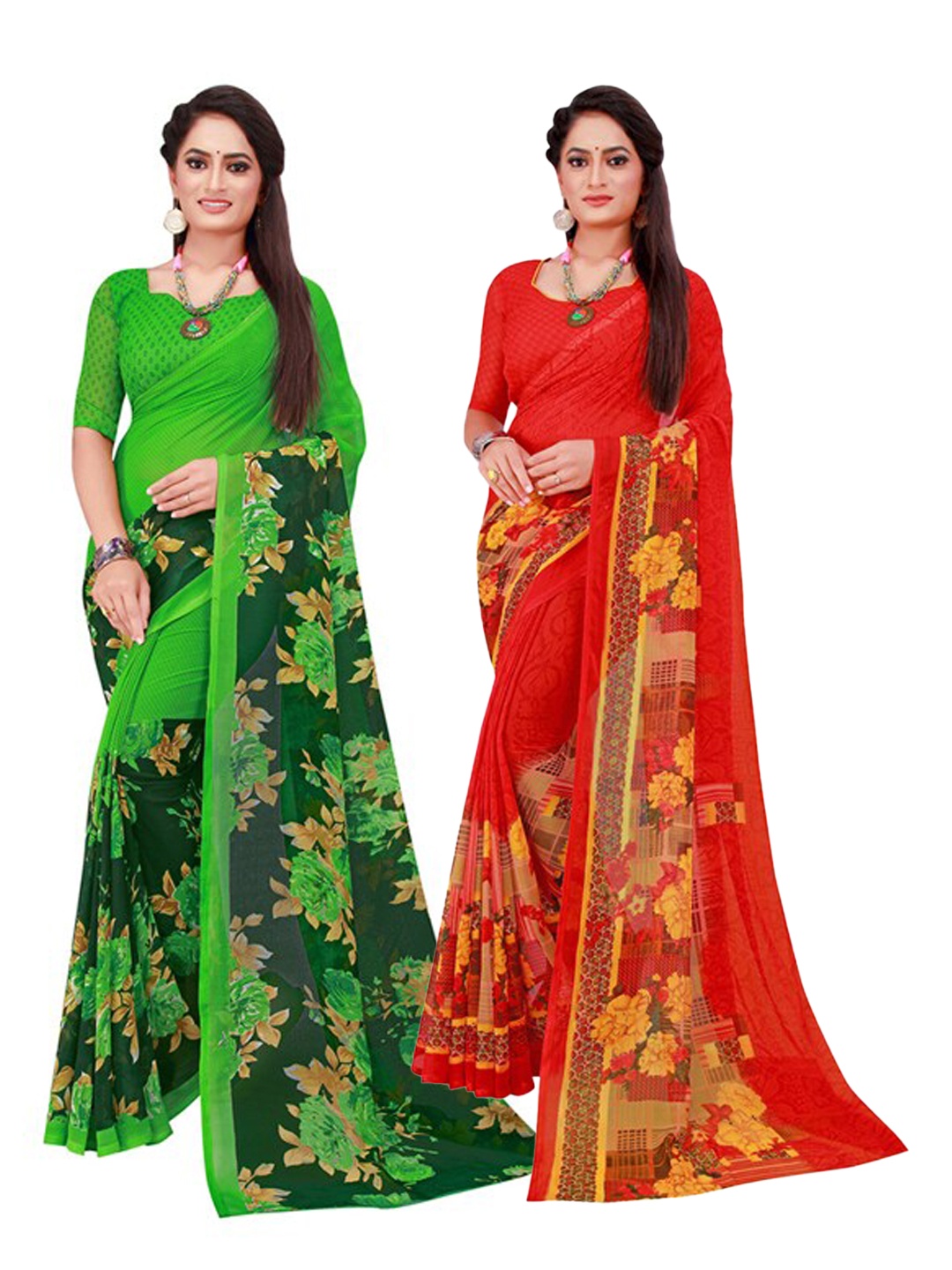 Florence Red & Green Set Of 2 Pure Georgette Saree