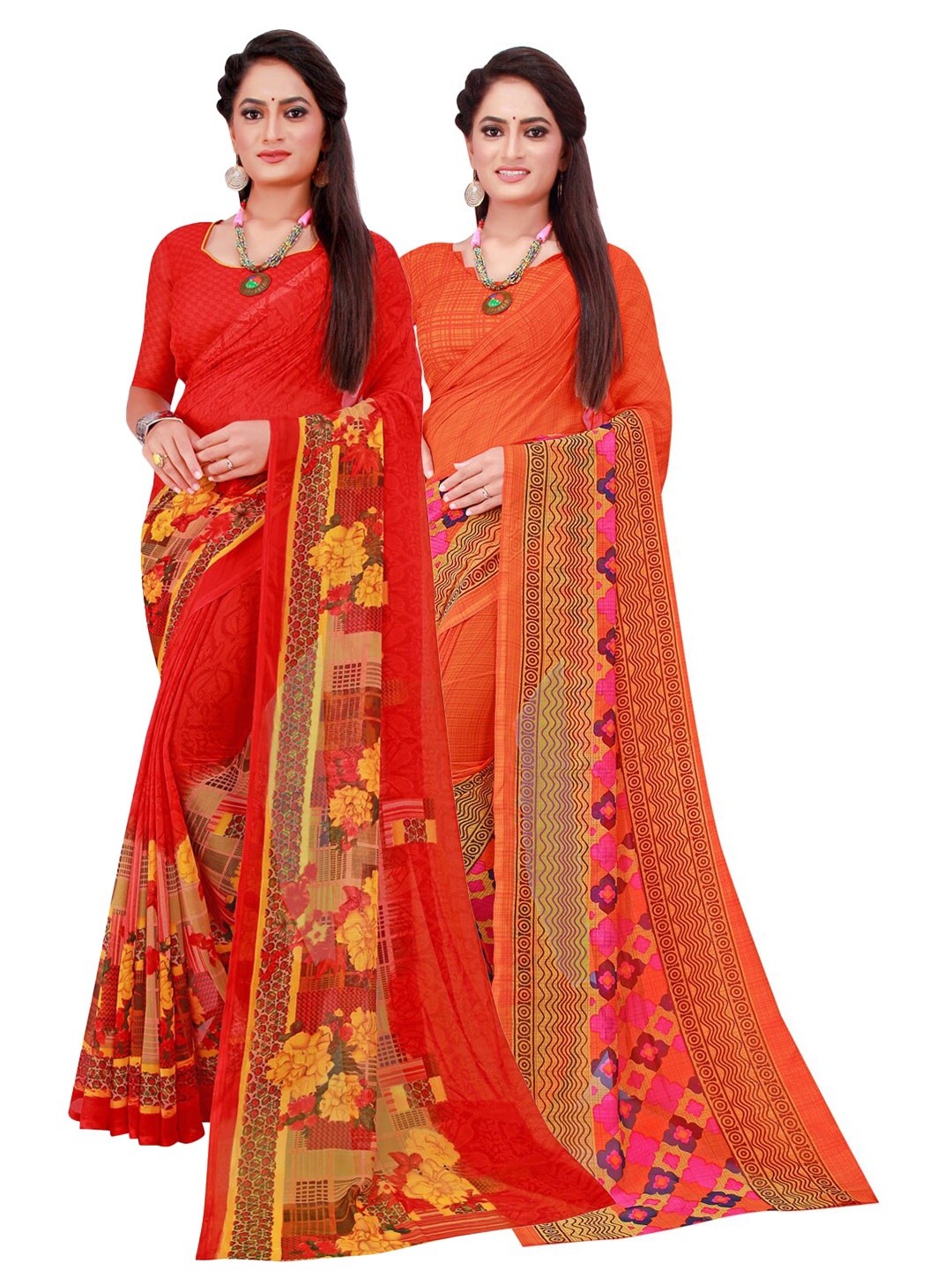 

Florence Pack of 2 Red & Pink Floral Pure Georgette Sarees
