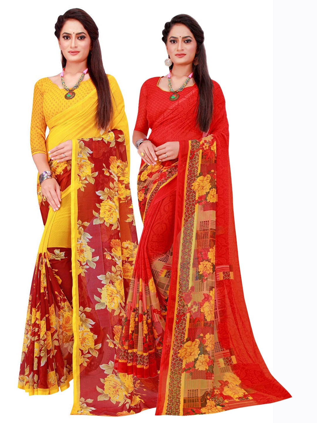Florence Red & Yellow Set Of 2 Pure Georgette Saree