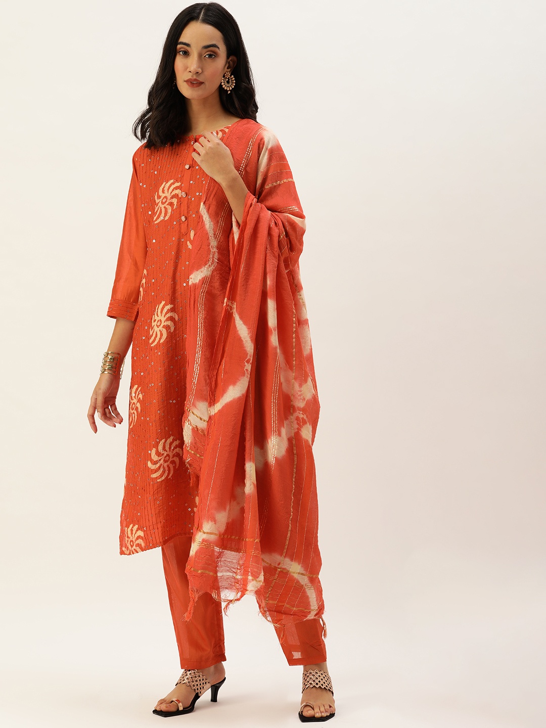

SWAGG INDIA Women Orange Ethnic Motifs Printed Sequinned Liva Kurta with Trousers & With Dupatta