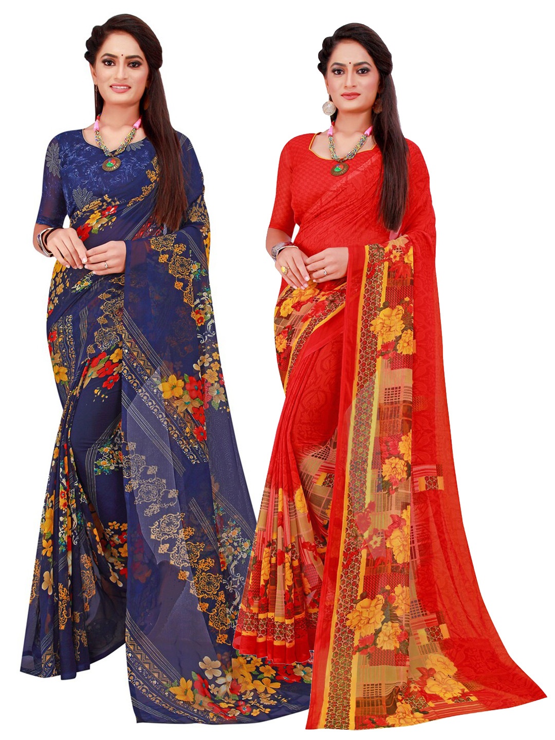 

KALINI Pack of 2 Red & Navy Blue Floral Pure Georgette Sarees