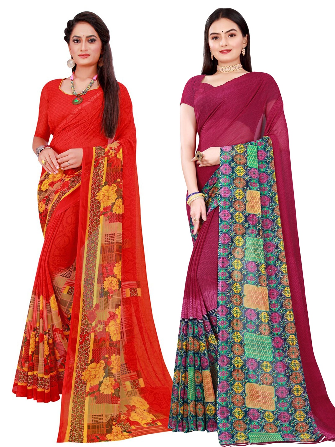 

KALINI Red & Maroon Pack Of 2 Printed Pure Georgette Sarees