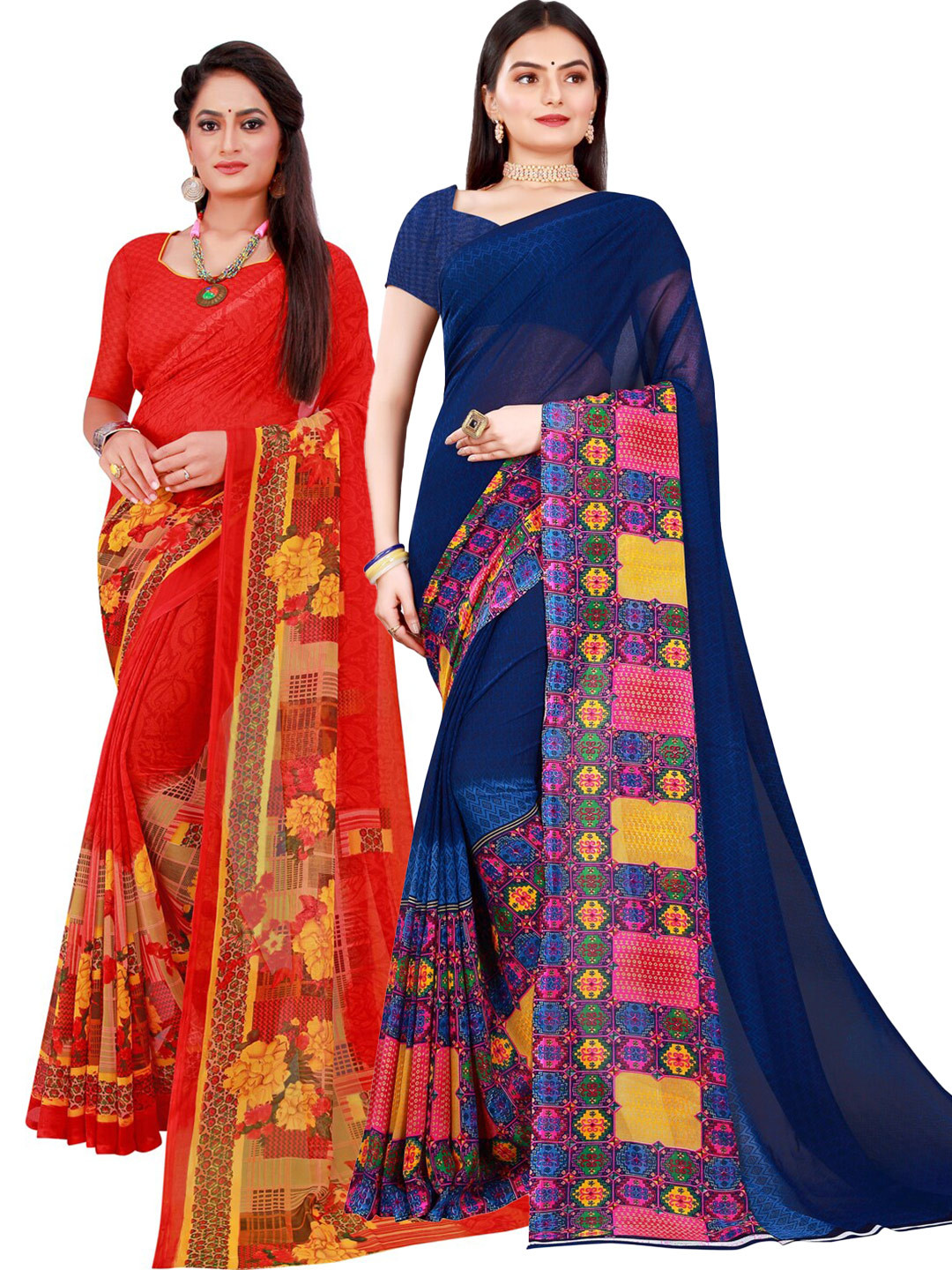 

KALINI Red & Blue Set Of 2 Pure Georgette Saree