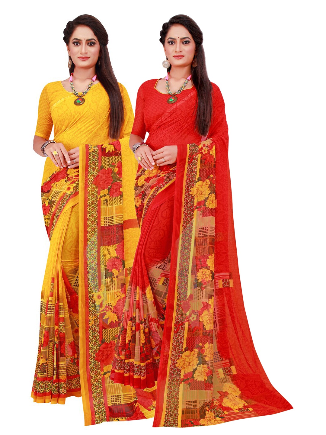 

KALINI Pack of 2 Yellow & Red Pure Georgette Sarees