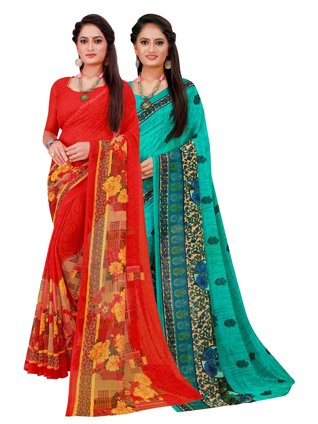 

KALINI Red & Green Set Of 2 Pure Georgette Saree