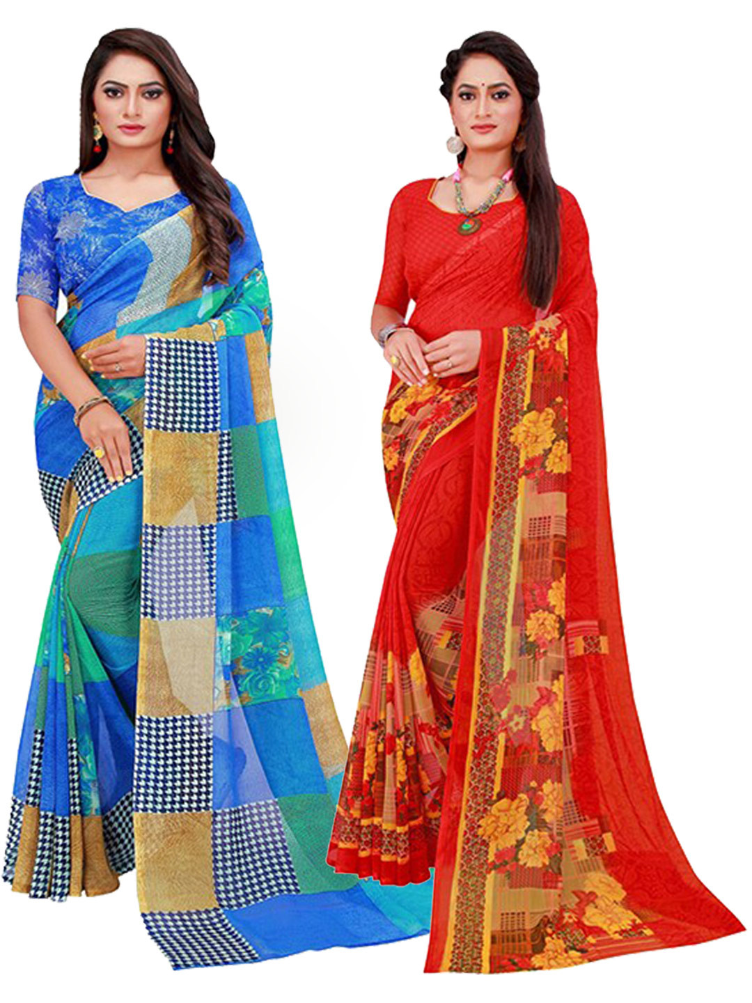 

KALINI Blue & Red Pure Georgette Saree