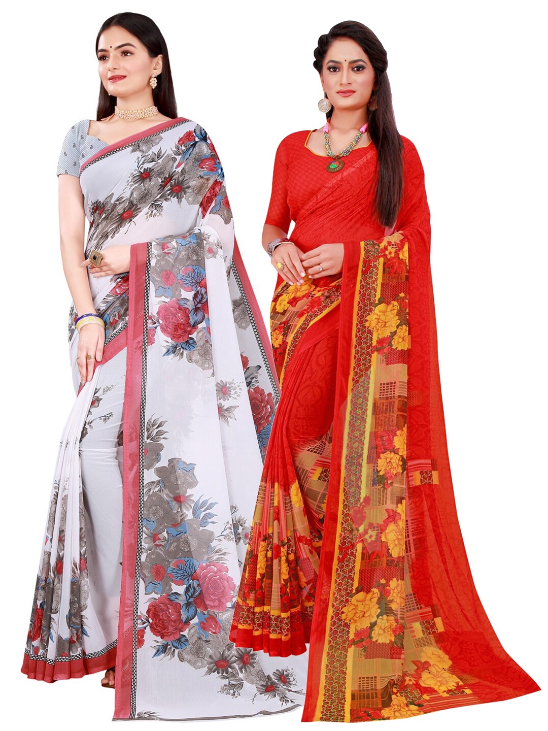 

KALINI Red & White Pack Of 2 Printed Pure Georgette Sarees