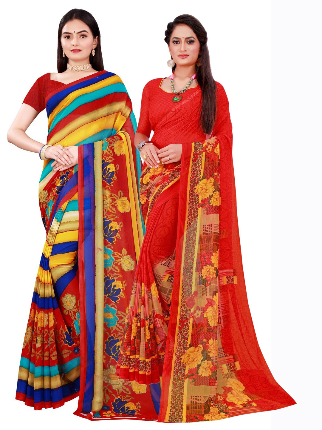 

KALINI Pack of 2 Red & Blue Pure Georgette Sarees