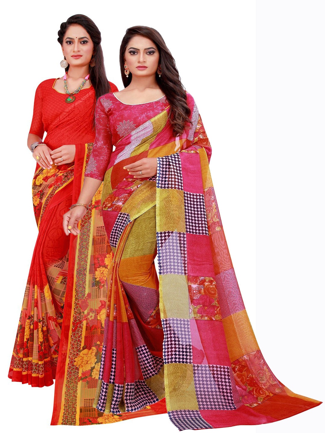 

KALINI Red & Yellow Pack of 2 Pure Georgette Saree