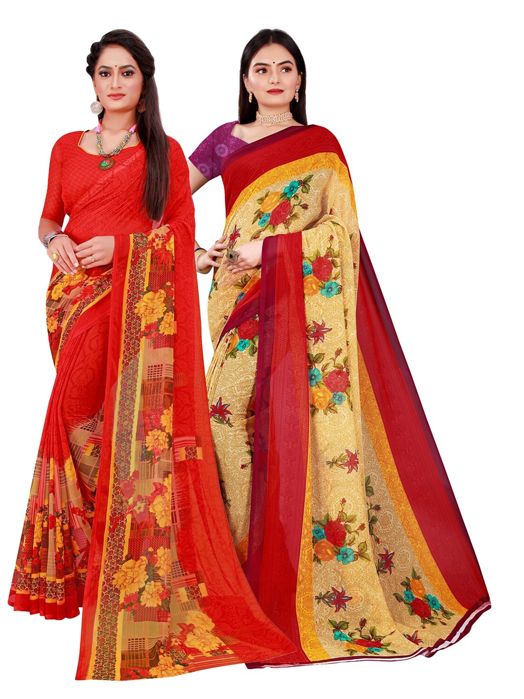 

KALINI Pack of 2 Beige & Red Pure Georgette Sarees