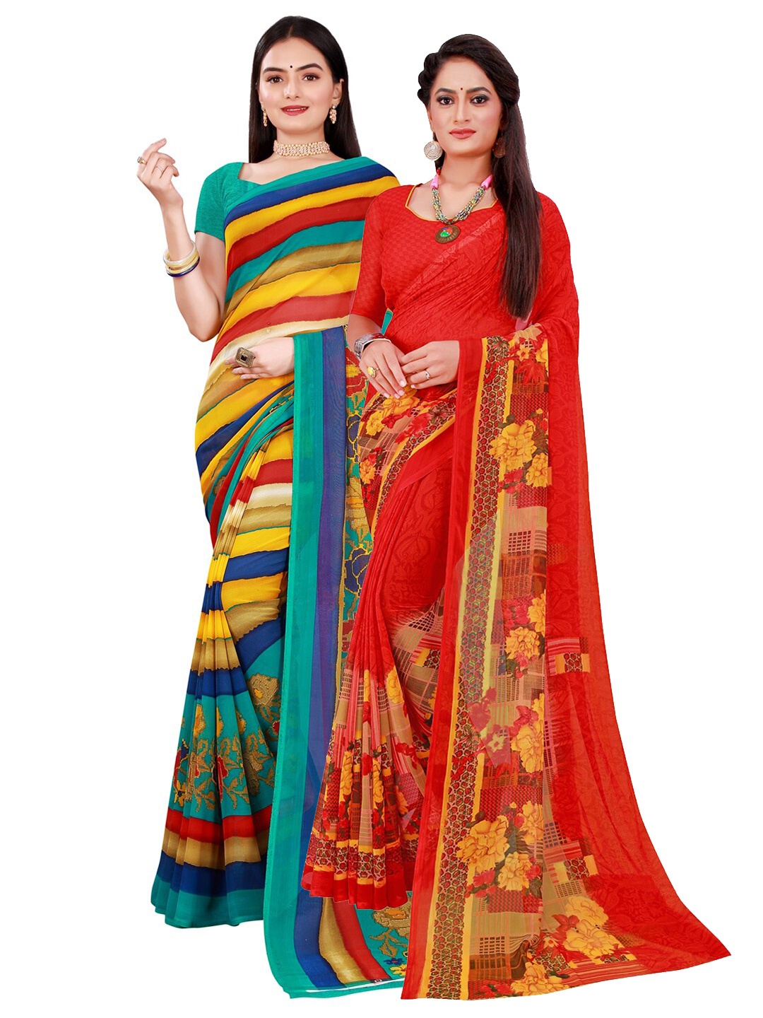

KALINI Multicoloured & Red Pack Of 2 Printed Pure Georgette Sarees, Multi