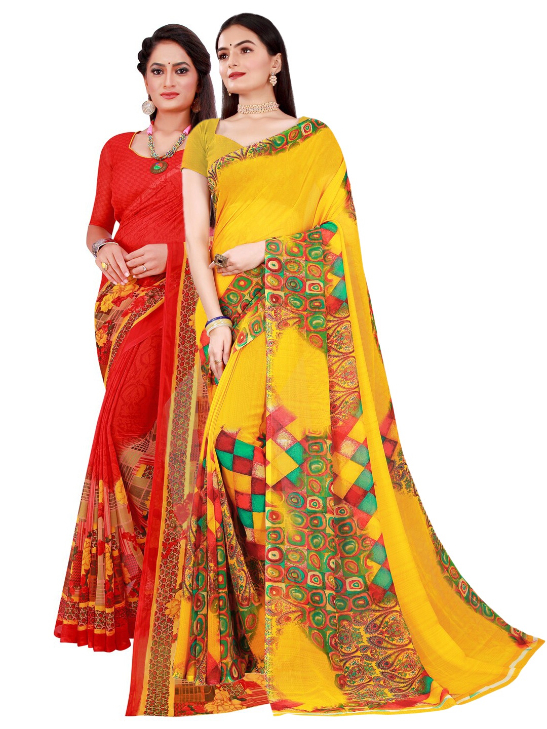 

KALINI Red & Yellow Floral Pack of 2 Pure Georgette Saree