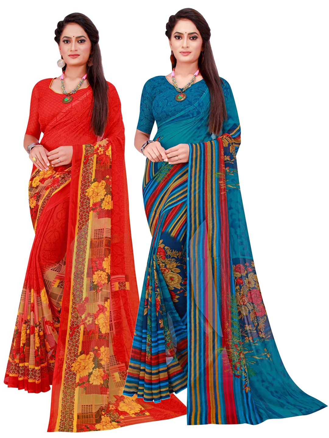 

KALINI Set Of 2 Red & Blue Floral Pure Georgette Saree