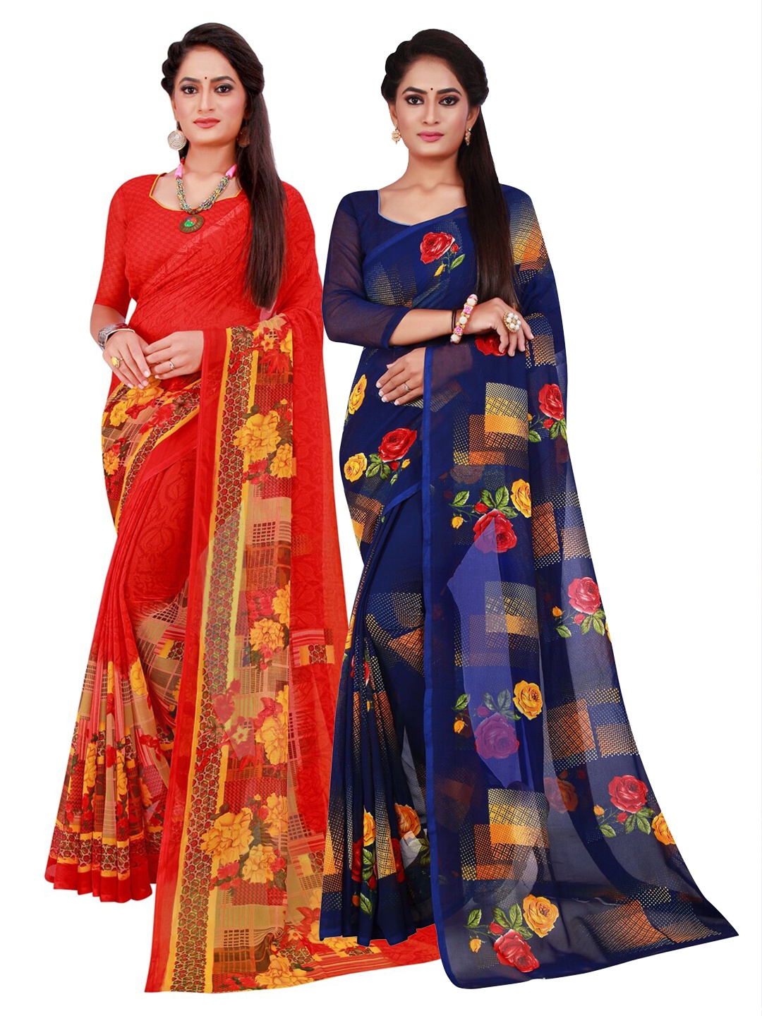 

KALINI Pack of 2 Red & Navy Blue Pure Georgette Saree