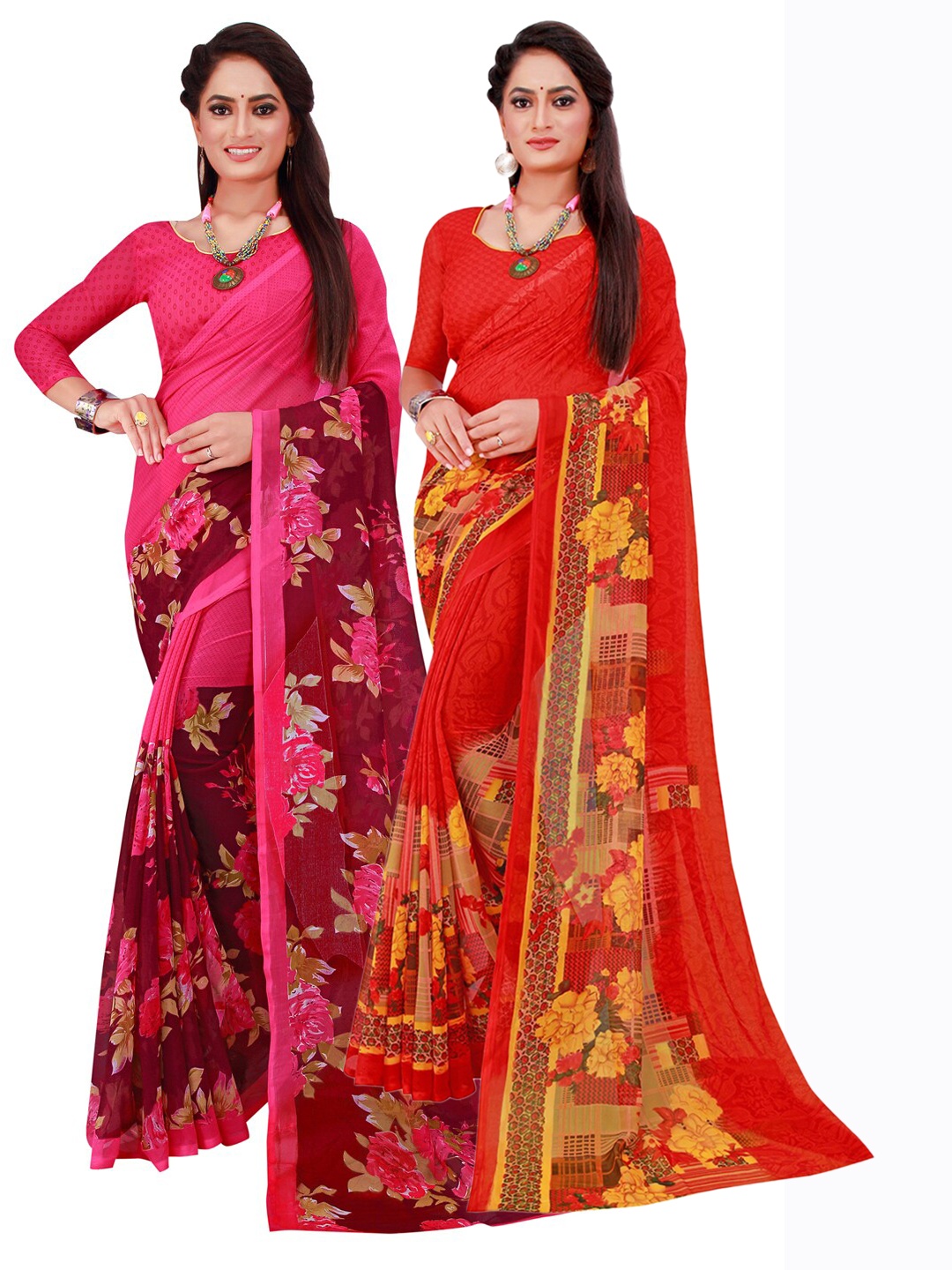KALINI Pack of 2 Floral Pure Georgette Sarees, Red