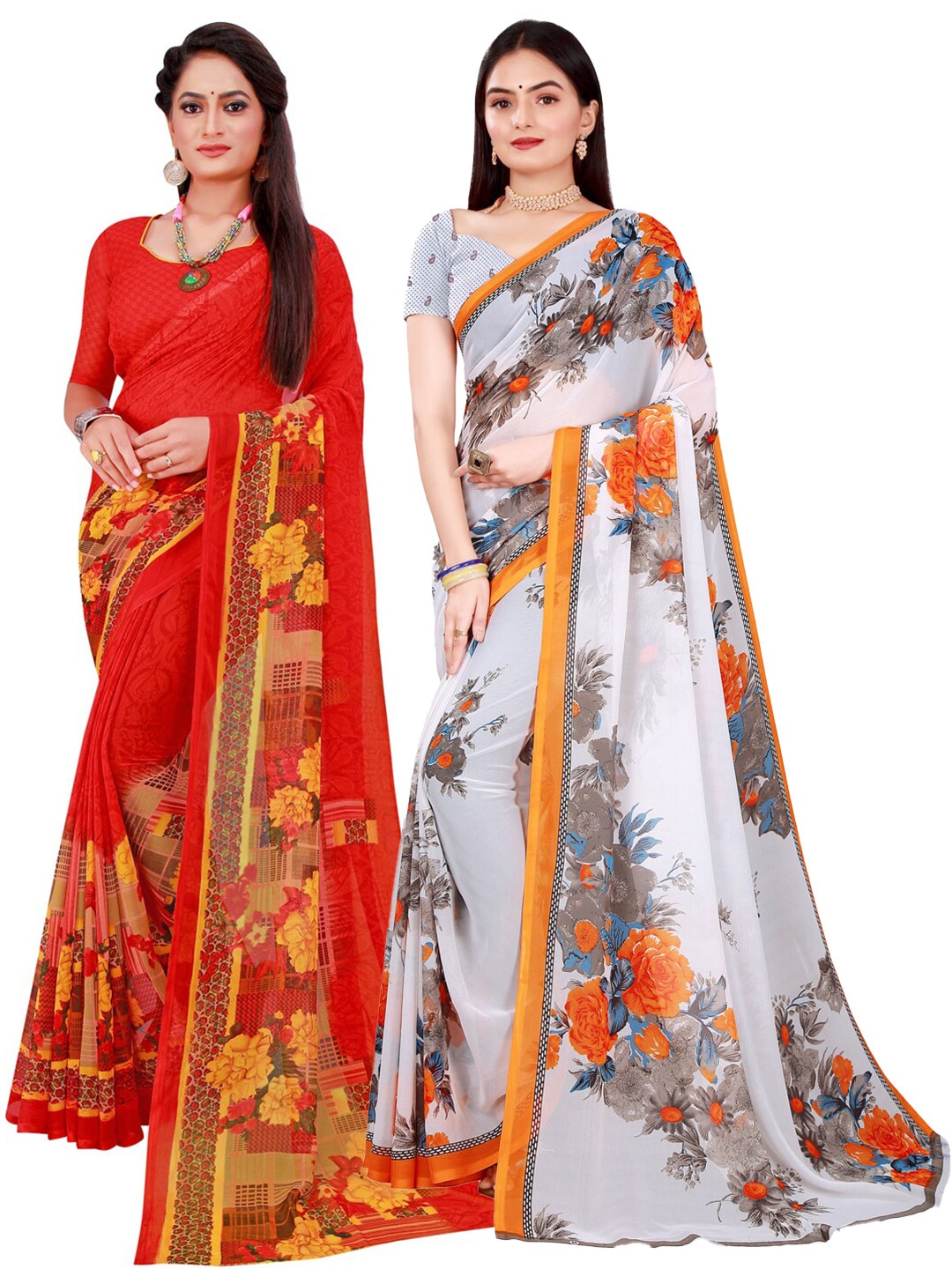 

KALINI Pack of 2 Red & White Pure Georgette Sarees