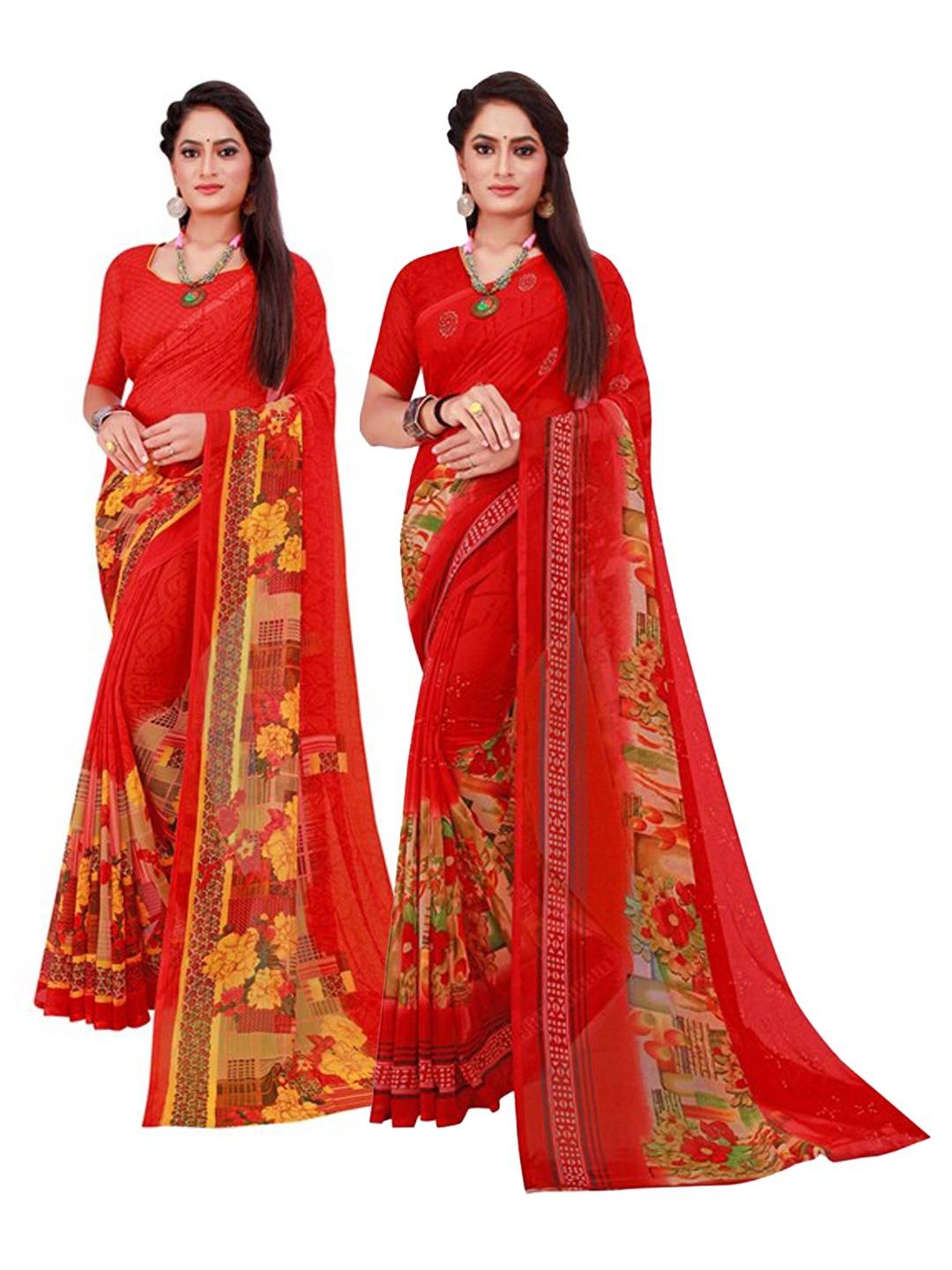 

KALINI Red & Yellow Pack of 2 Pure Georgette Saree