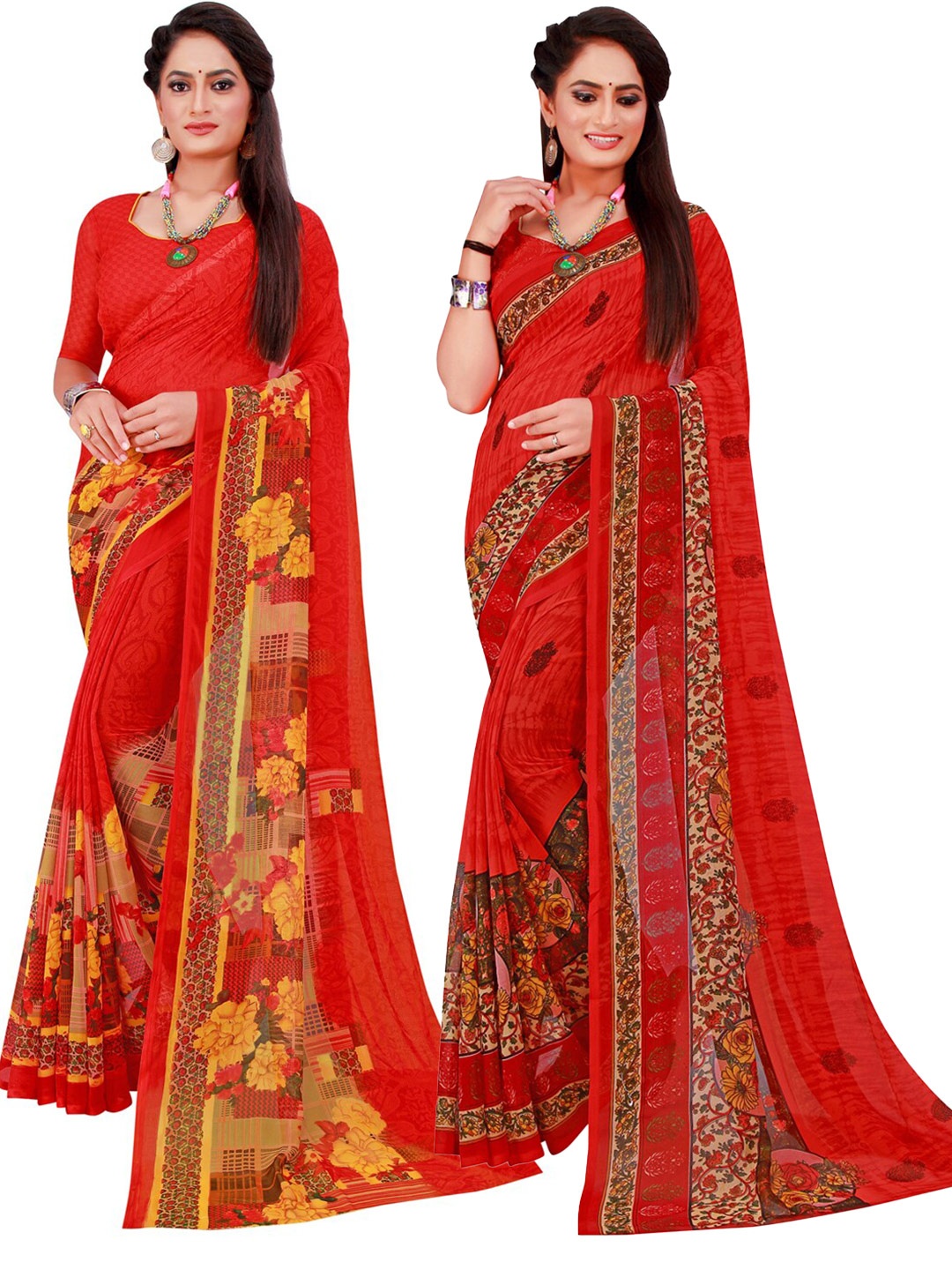 

KALINI Pack of 2 Red & Yellow Printed Pure Georgette Saree