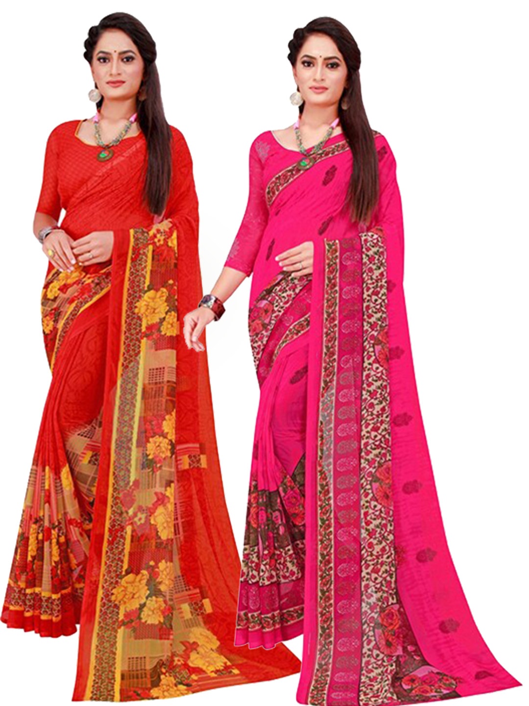 

KALINI Red & Pink Floral Pack of 2 Pure Georgette Saree