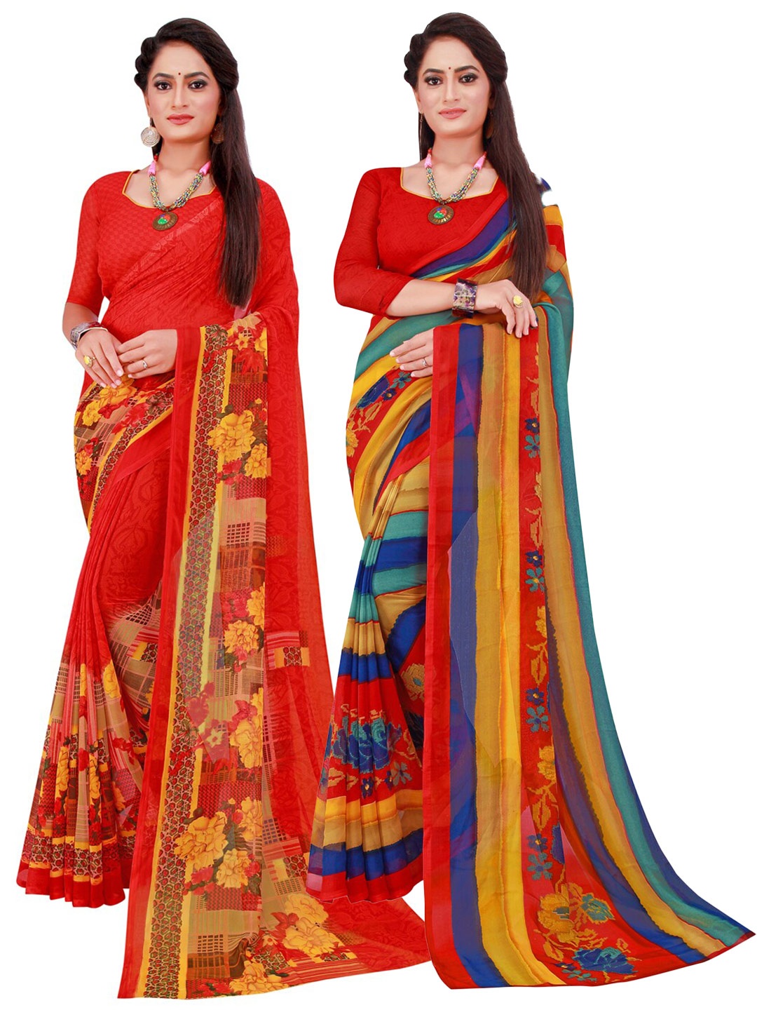 

KALINI Pack of 2 Red & Blue Printed Pure Georgette Saree
