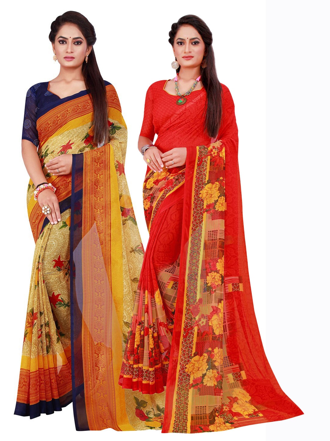 

KALINI Red & Beige Pack Of 2 Printed Pure Georgette Sarees