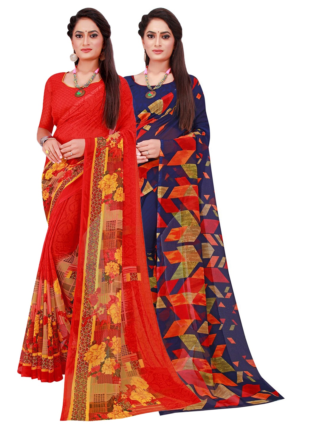 

KALINI Pack of 2 Navy Blue & Pink Pure Georgette Sarees