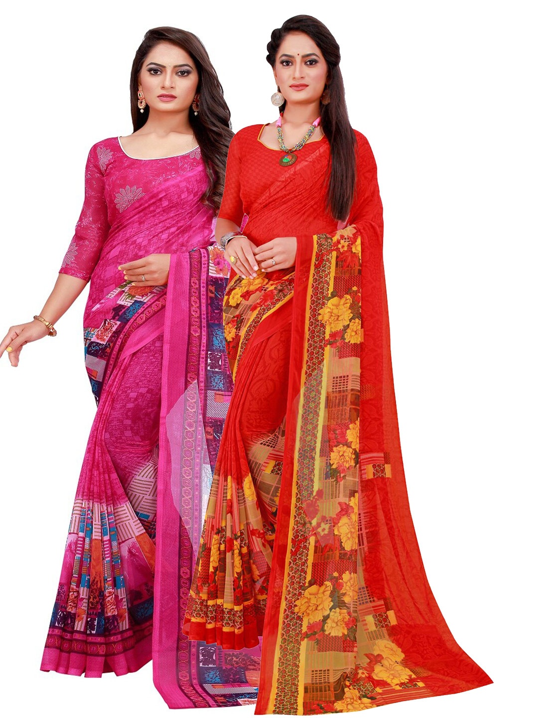 

KALINI Magenta & Red Printed Pure Georgette Saree Pack Of 2