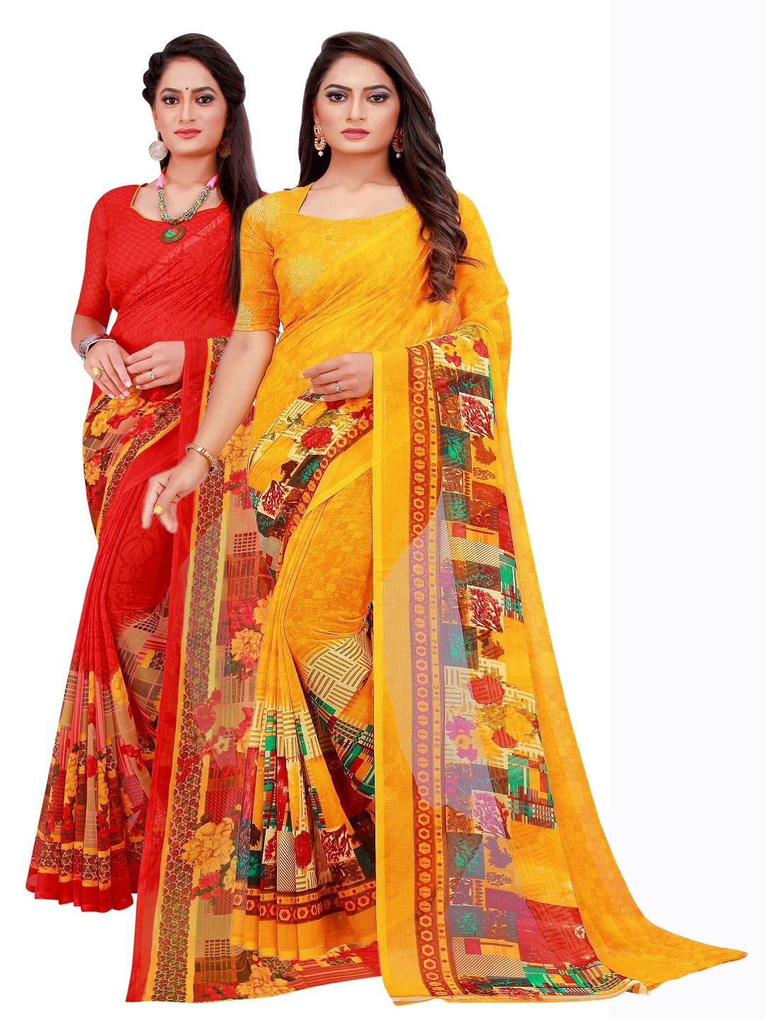 

KALINI Red & Yellow Set Of 2 Floral Pure Georgette Saree