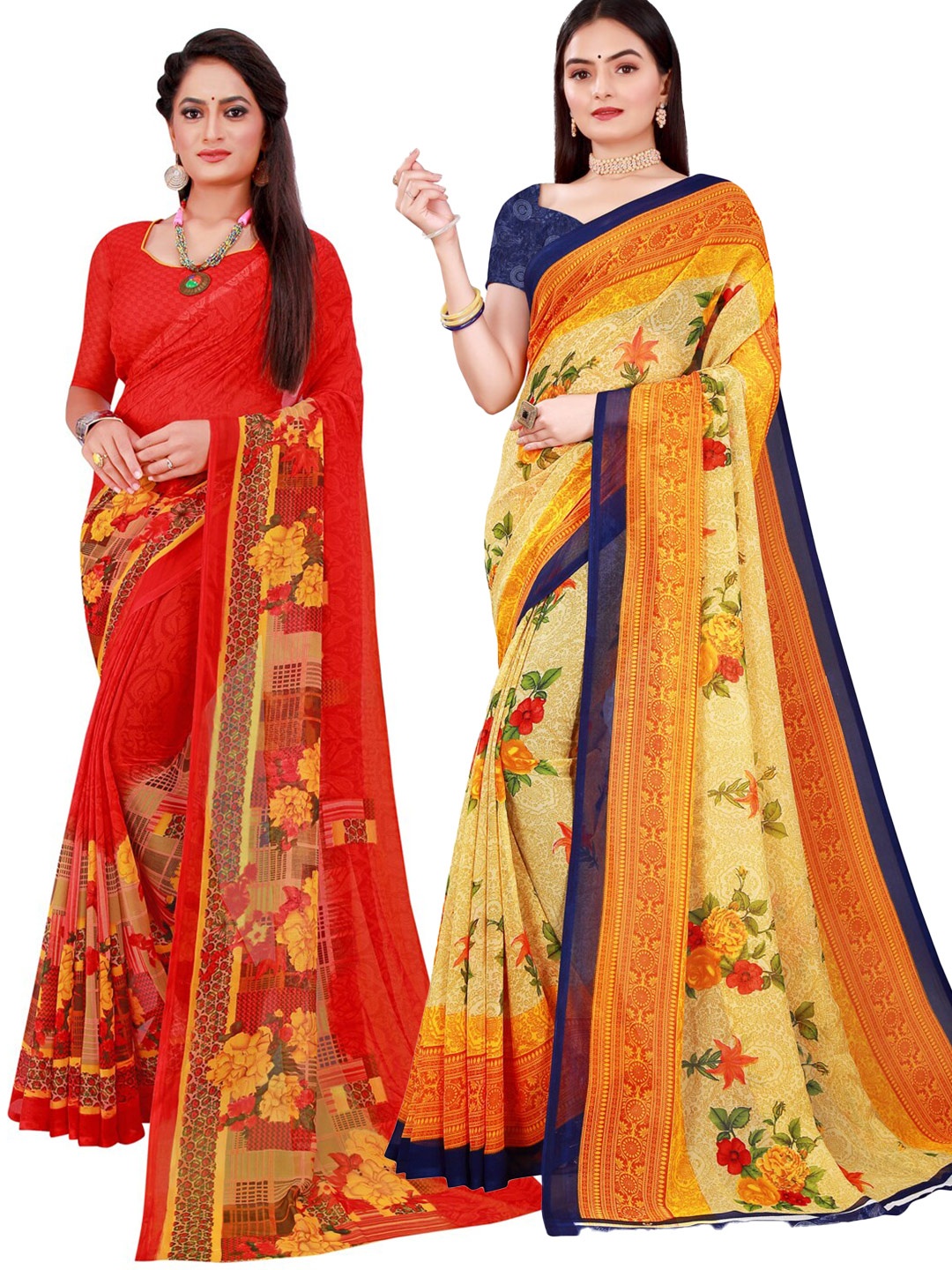 

KALINI Beige & Red Set Of 2 Pure Georgette Saree