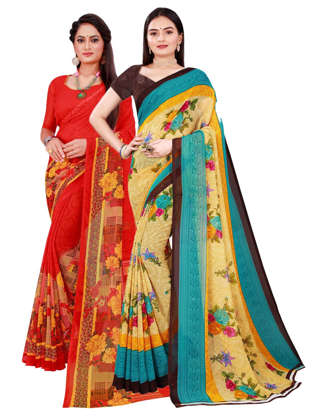 

KALINI Red & Beige Set Of 2 Pure Georgette Saree