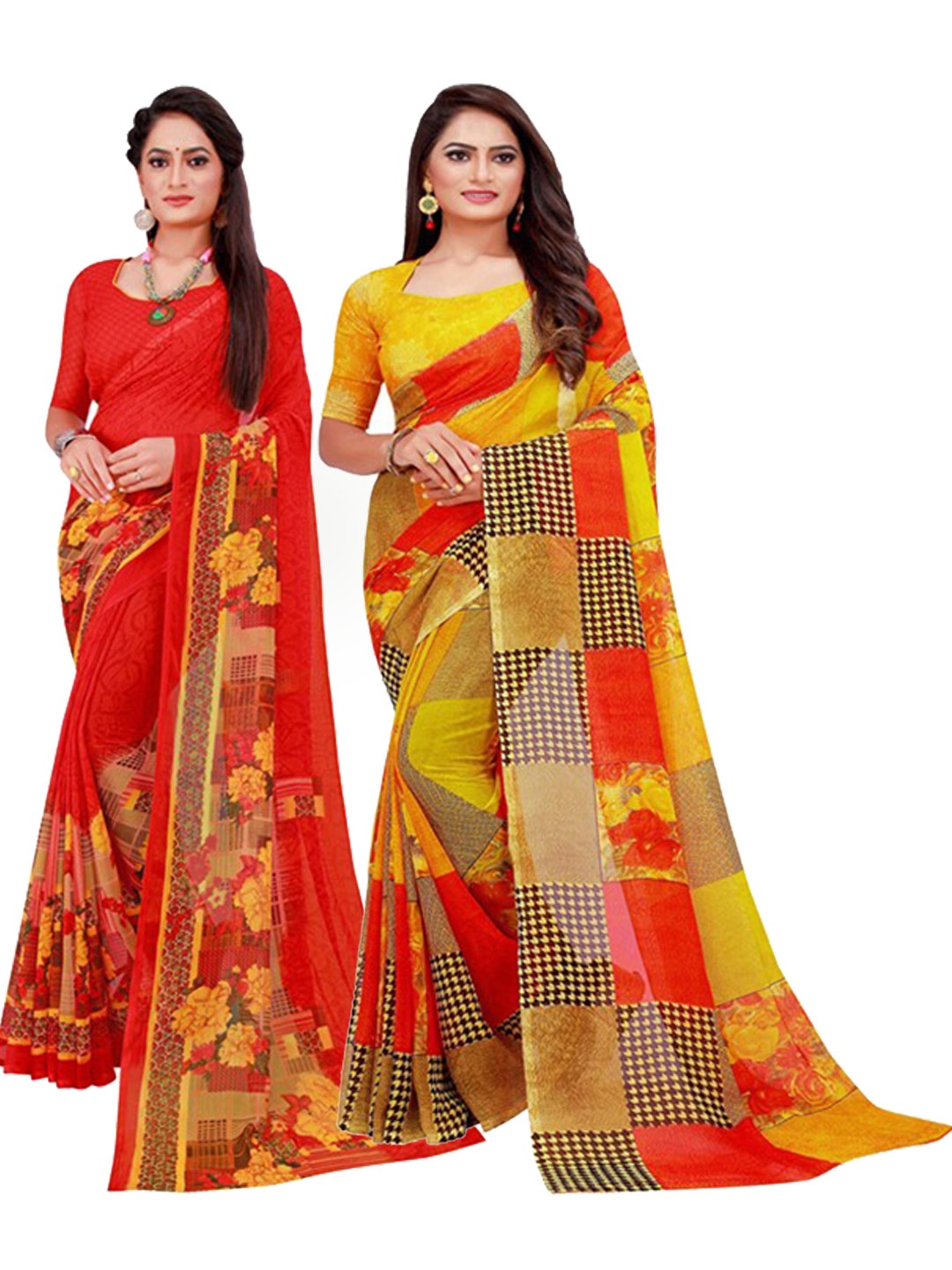 

KALINI Pack Of 2 Red & Yellow Pure Georgette Saree