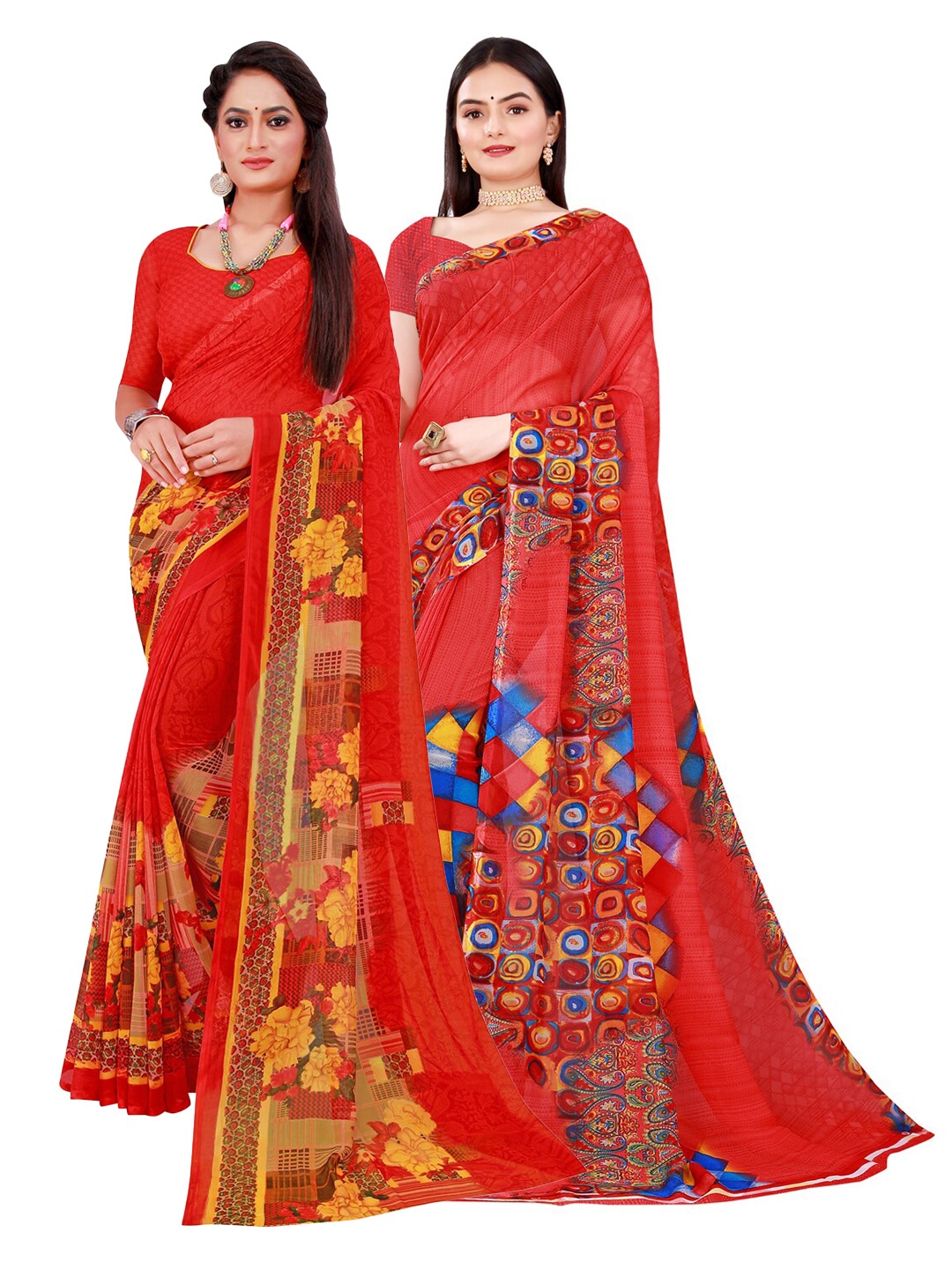 

KALINI Pack of 2 Red & Yellow Printed Pure Georgette Saree