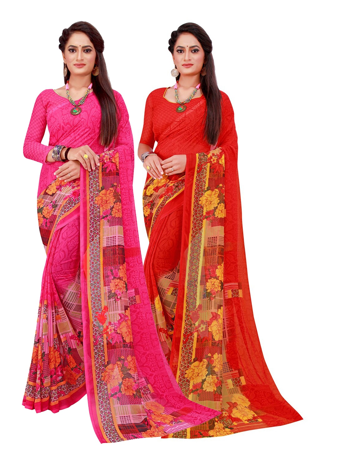 

KALINI Magenta & Red Pack of 2 Pure Georgette Saree