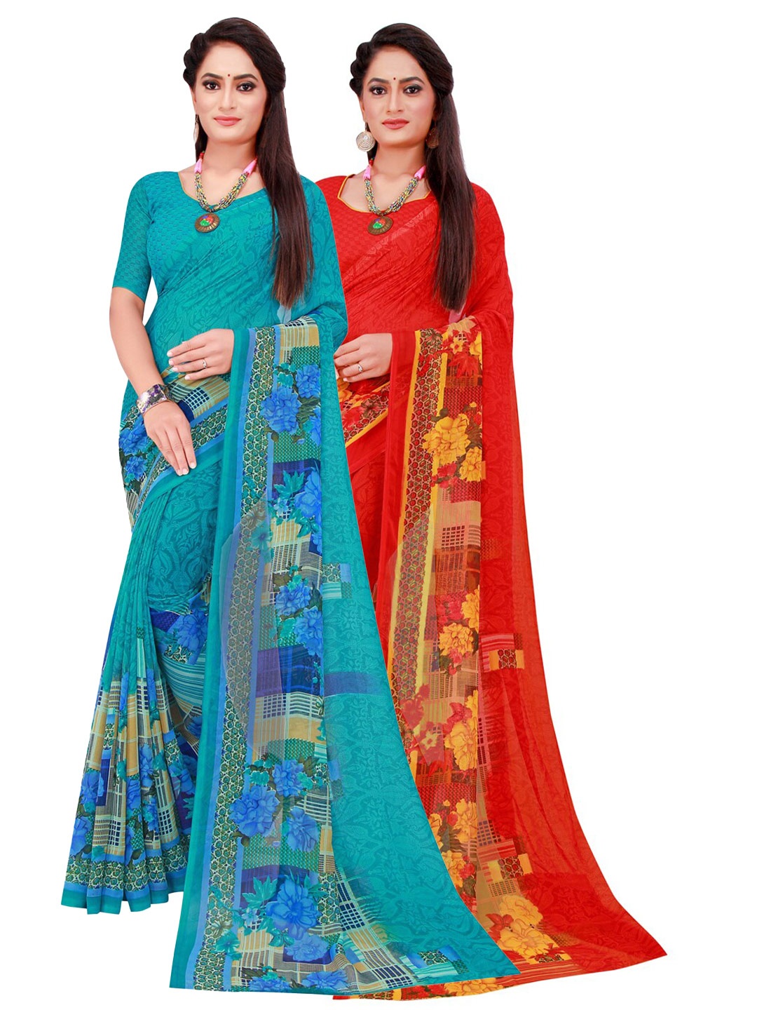 

KALINI Turquoise Blue & Red Set Of 2 Pure Georgette Saree