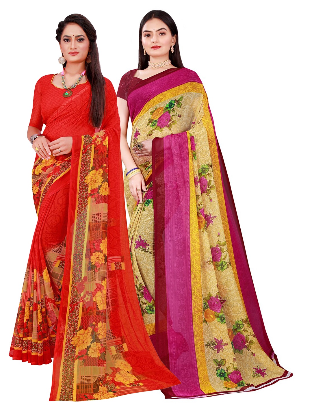 

KALINI Pack of 2 Beige & Yellow Floral Pure Georgette Saree