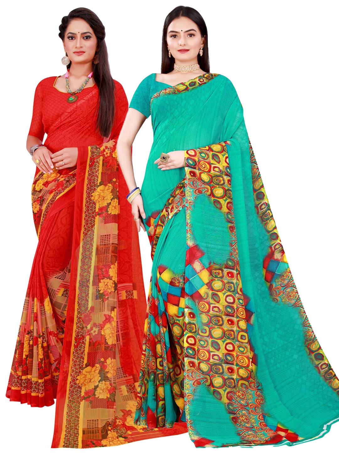 

KALINI Set Of 2 Red & Green Floral Pure Georgette Saree