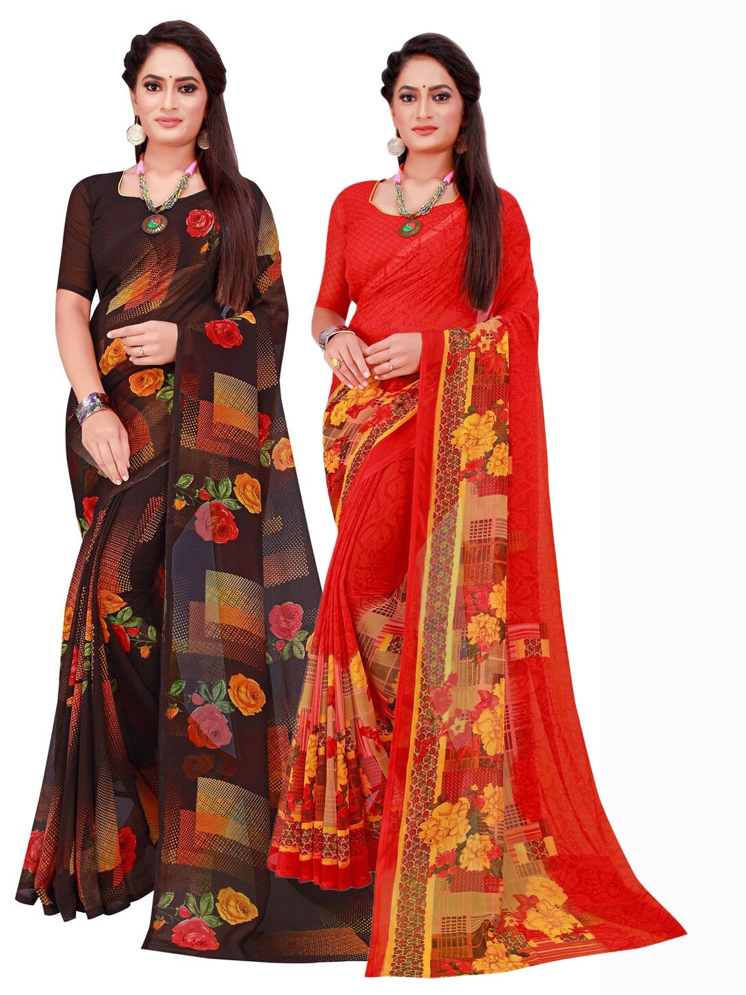 

KALINI Red & Black Floral Pack of 2 Pure Georgette Saree