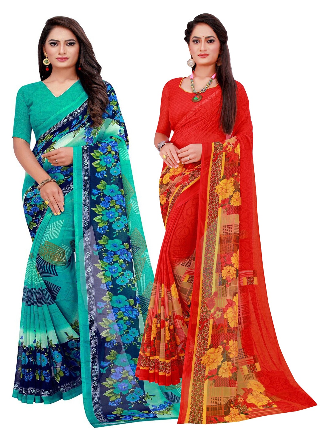 

KALINI Turquoise Blue & Red Pack Of 2 Printed Pure Georgette Sarees