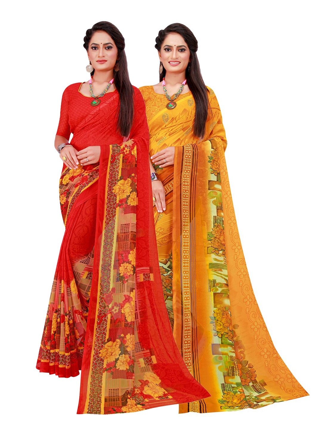 

KALINI Red & Yellow Set Of 2 Pure Georgette Saree