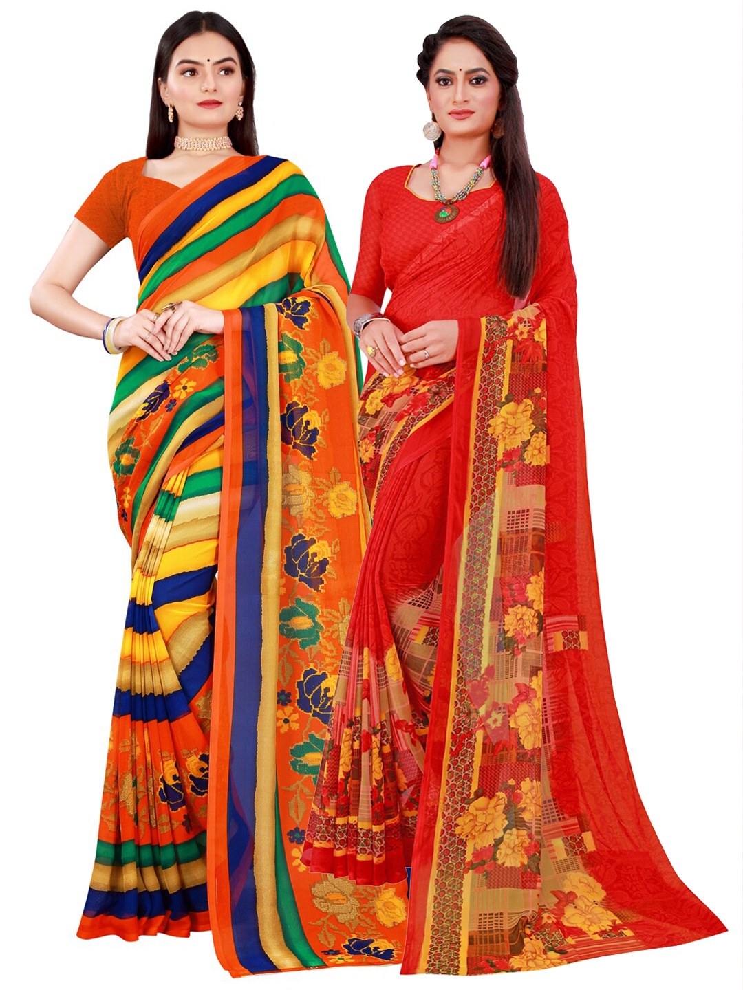 

KALINI Pack of 2 Red & Yellow Floral Printed Pure Georgette Saree