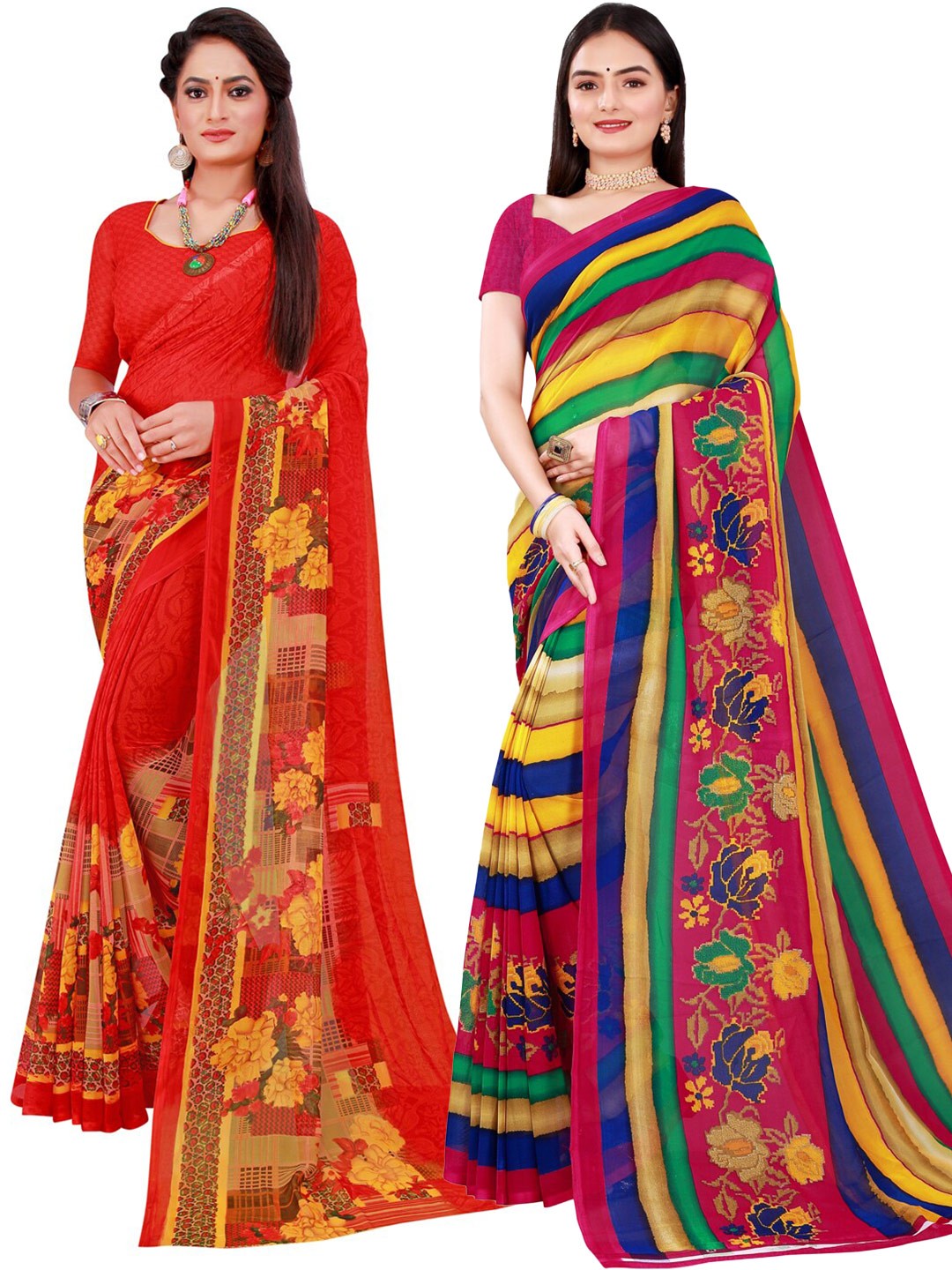 

KALINI Set Of 2 Red & Yellow Floral Pure Georgette Saree