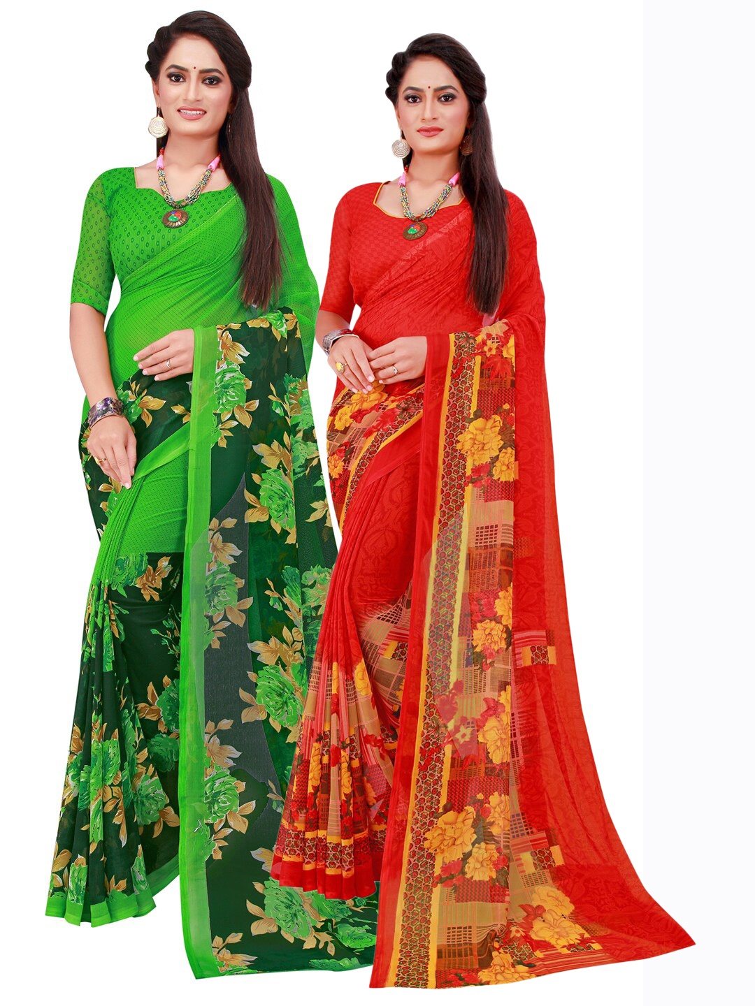 

KALINI Red & Green Floral Pack of 2 Floral Pure Georgette Saree