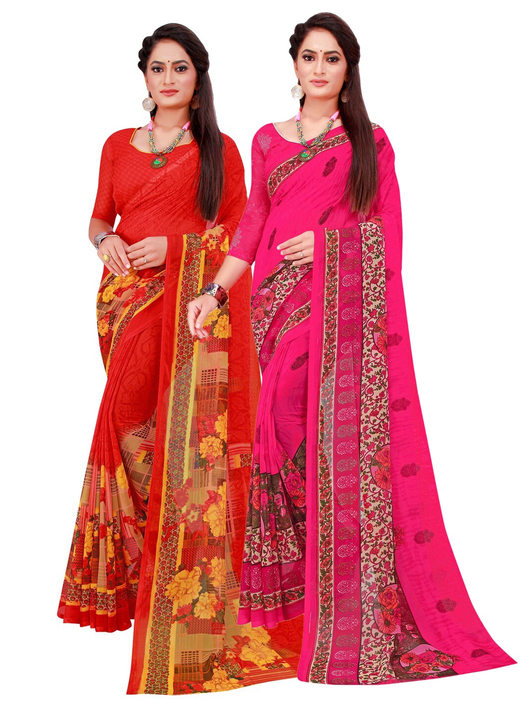 

KALINI Orange & Pink Pack of 2 Printed Pure Georgette Sarees