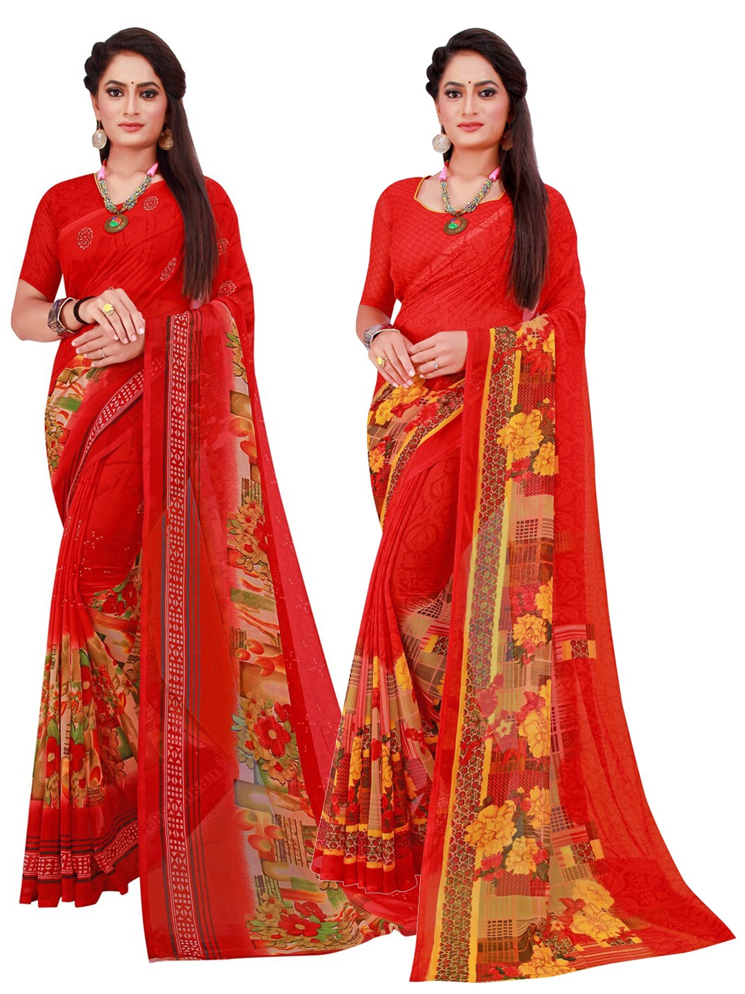 

KALINI Pack of 2 Red & Yellow Floral Pure Georgette Saree