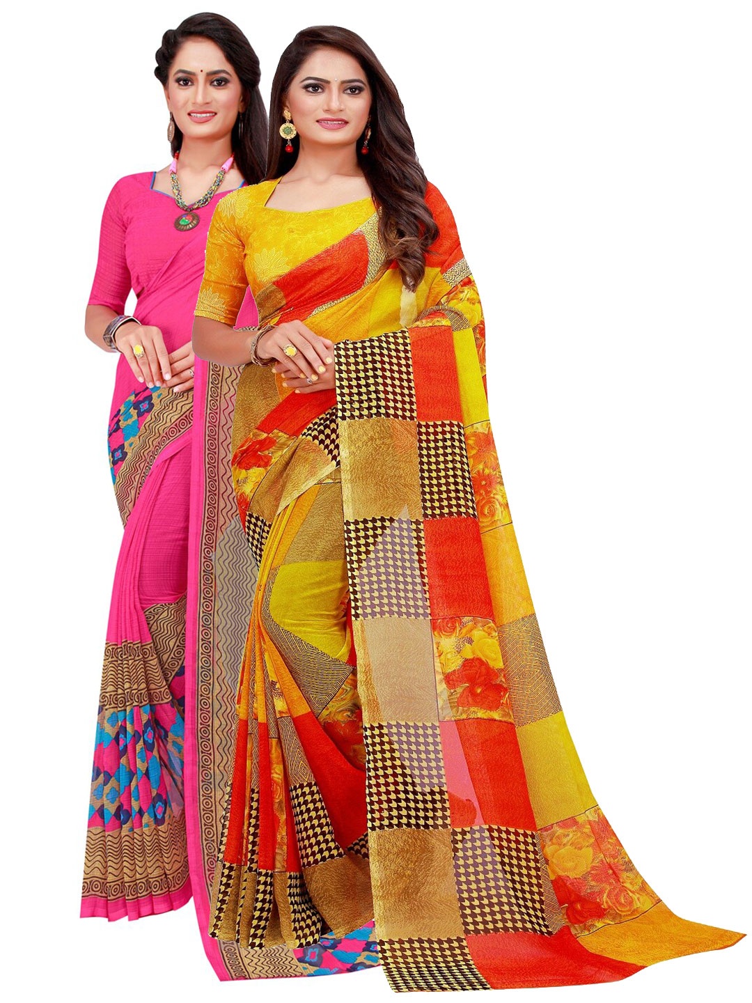 

Florence Magenta & Yellow Printed Pure Georgette Saree