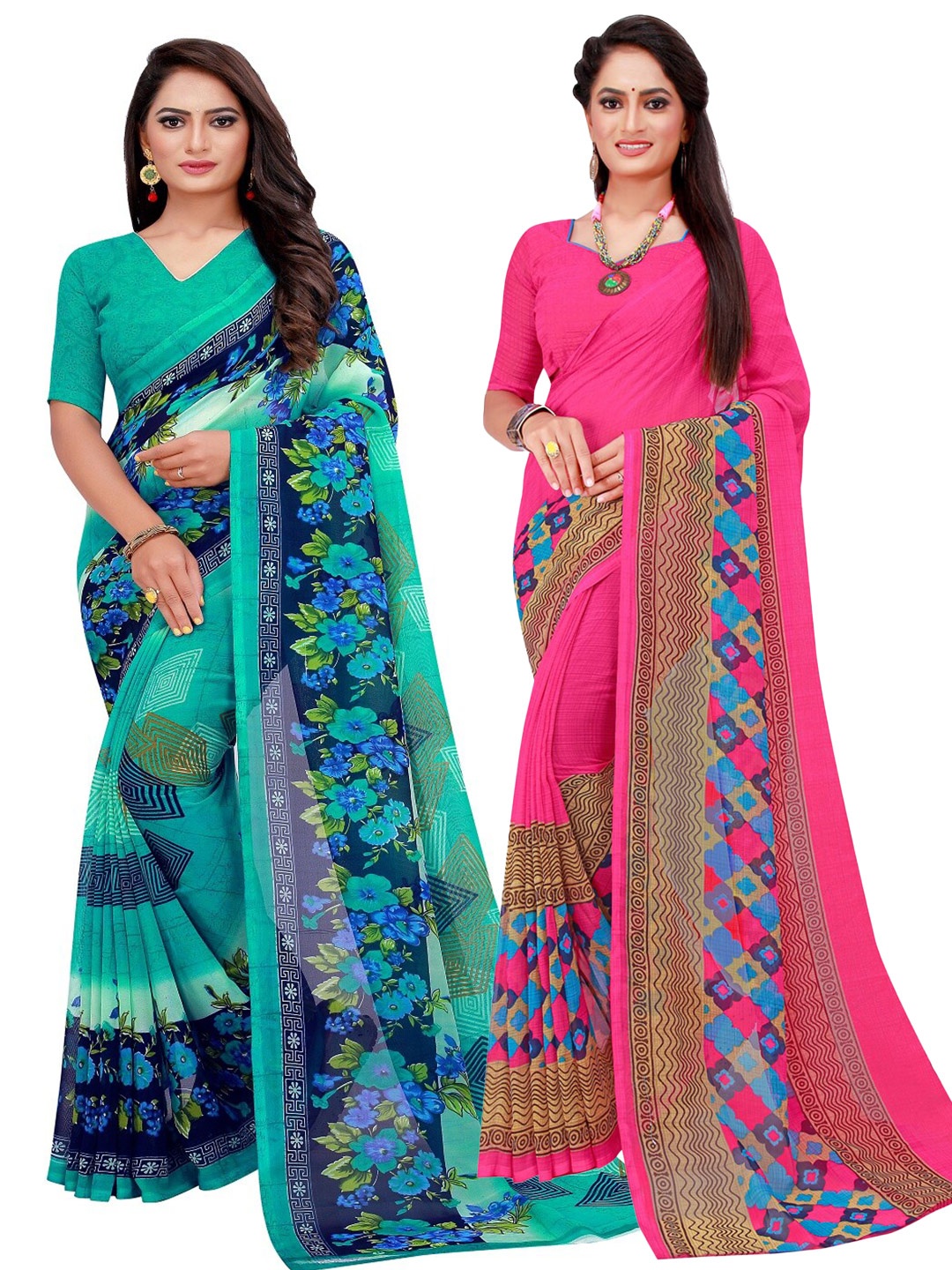 

Florence Turquoise Blue & Pink Pack Of 2 Printed Pure Georgette Sarees